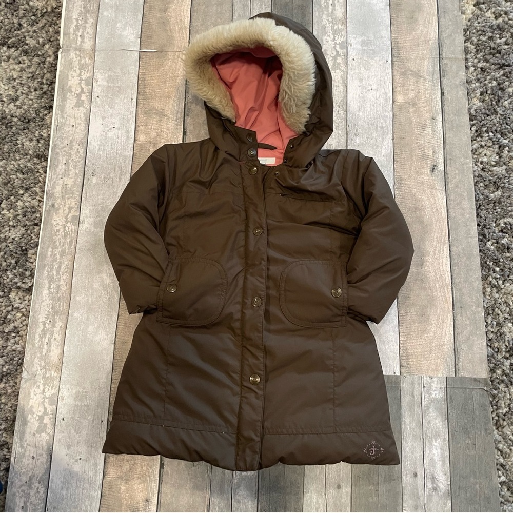 Jacadi Brown Puffer Coat with Pink Lining and Faux Fur Hood
